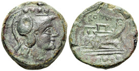 Anonymous (circa 215-212 BC) Æ Triens (24mm, 15.06g, 11h). Rome. Helmeted head of Minerva to right; •••• (mark of value) above R/ Prow of galley right...