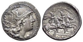 Anonymous, Rome, 211-208 BC. AR Denarius (19mm, 3.77g, 11h). Helmeted head of Roma r.; X (mark of value) behind. R/ Dioscuri riding to r., each holdin...