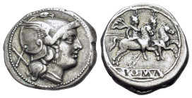 Anonymous, Rome, 211-208 BC. AR Denarius (19mm, 4.61g, 3h). Helmeted head of Roma r.; X (mark of value) behind. R/ Dioscuri riding to r., each holding...