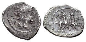 Anonymous (211-208 BC). AR Sestertius (14mm, 1.08g, 12h). Rome. Helmeted head of Roma r.; mark of value to l. R/ The Dioscuri, each holding spear, on ...