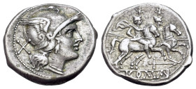 Anonymous, Rome, c. 209-208 BC. AR Denarius (19mm, 4.25g, 6h). Head of Roma to r., wearing crested and winged helmet; behind, X (mark of value). R/ RO...