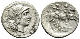 Anonymous, Rome, after 211 BC. AR Denarius (19mm, 4.15g, 6h). Head of Roma r., wearing winged helmet decorated with head of griffin. R/ Dioscuri on ho...