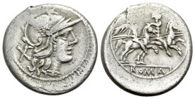 Anonymous, Rome, after 211 BC. AR Denarius (19.5mm, 3.62g). Head of Roma r., wearing winged helmet decorated with head of griffin. R/ Dioscuri on hors...