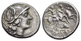 Anonymous, Rome (209-208 BC). AR Denarius (18mm, 3.74g, 12h). Helmeted head of Roma r., value mark X behind head. R/The Dioscuri riding r., each holdi...
