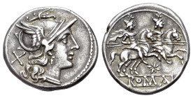 Anonymous, Rome (206-195 BC). AR Denarius (19mm, 4.04g, 1h). Star (first) series. Helmeted head of Roma r.; X (mark of value) to l. R/ The Dioscuri, e...