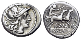 C. Maianius, Rome, 153 BC. AR Denarius (17mm, 3.47g, 3h). Helmeted head of Roma r.; X (mark of value) to l. R/ Victory, holding whip and reins, drivin...