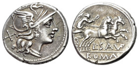 L. Saufeius, 152 BC. AR Denarius (18mm, 3.79g, 9h). Rome. Helmeted head of Roma to r.; X (mark of value) behind. R/ Victory driving galloping biga to ...