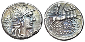 L. Antestius Gragulus AR Denarius (18mm, 3.79g, 9h). Rome, 136 BC. Helmeted head of Roma to r.; mark of value before, GRAG downwards behind. R/ Jupite...