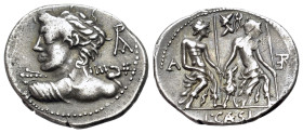 Lucius Caesius (112-111 BC). AR Denarius (21mm, 3.88g, 12g). Bust of Vejovis l., seen from behind, hurling thunderbolt; monogram behind. R/ The two La...