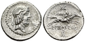 L. Calpurnius Piso Frugi, Rome, 90 BC. AR Denarius (17mm, 3.88g, 9h). Laureate head of Apollo r. R/ Horseman galloping r., holding palm branch and rei...