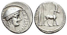 Cn. Plancius, Rome, 55 BC. AR Denarius (18mm, 4.14g, 6h). Female head (Diana Planciana?) r. wearing causia. R/ Cretan goat standing r.; bow and quiver...