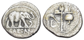 Julius Caesar, military mint traveling with Caesar, April-August 49 BC. AR Denarius (18mm, 3,27g, 6h). Elephant advancing r., trampling on horned serp...