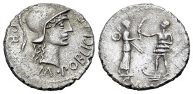 The Pompeians. Cnaeus Pompey Jr. Summer 46-Spring 45 BC. AR Denarius (18mm, 3.74g, 6h). Corduba mint; M. Poblicius, legatus pro praetore. Helmeted hea...