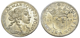Italy, Fosdinovo. Maria Maddalena Centurioni Malaspina (1663-1669). AR Luigino 1667 (21mm, 2.04g, 6h). Draped bust r. R/ Crowned coat-of-arms; rosette...