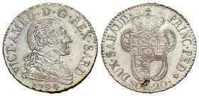 Italy, Savoia. Vittorio Amedeo III (1773-1796). 20 Soldi 1794 (26mm, 5.13g, 6h). VICT AMED D G REX SARD. 1794. Bust oh the King to r.; R/ DUX SABAUD -...