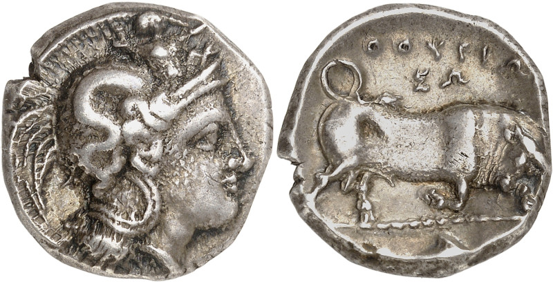 Lucanie - Thurium
Nomos (350-300) 
Bel exemplaire à patine médaillier. 
Rare....
