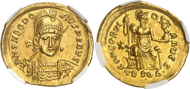 Théodose II (402-450)
Solidus - Thessalonique 
Magnifique exemplaire. 
Rare d...