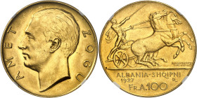 Albanie
Ahmed Zogu (1925-1939) 
100 francs en or sans étoile - 1927 R Rome 
Très rare dans cette qualité. 
32.25g - KM 11a.1 - Fr. 1 
Pratiquemen...