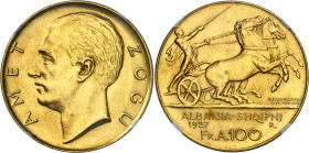 Albanie
Ahmed Zogu (1925-1939) 
100 francs en or sans étoile - 1927 R Rome 
Rare dans cette qualité. 
32.25g - KM 11a.1 - Fr. 1 
Pratiquement FDC...