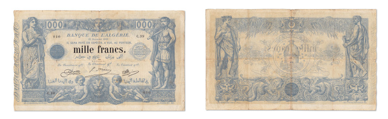 Algérie
Banque de l'Algérie 
1000 Francs 
18 Novembre 1918 
C.39/010 
Rare....
