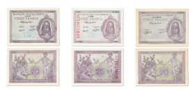 Algérie
Banque de l'Algérie 
Lot de 3 billets 
Spécimen du 20 Francs 
ND (1942-45) - 0.0000/000 
20 Francs 
25.3.1944 - W.686/009 
2-2-1945 - L...