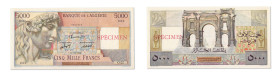 Algérie
Banque de l'Algérie 
Spécimen du 5000 Francs 
ND (1946-49) - O.00/000 
"SPÉCIMEN" imprimé en rouge au recto et au verso. 
Deux déchirures...