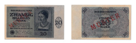 Allemagne
Spécimen du 20 Billionen Mark 
5 Février 1924 - B/0000449 
"MUSTER" imprimé en rouge au recto et au verso 
Le deuxième plus haut grade. ...