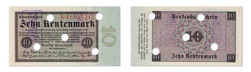 Allemagne
10 Rentenmark filigrané 
1er Novembre 1923 - A/05147747 
5 perforat...