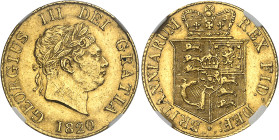 Angleterre
Georges III (1760-1820) 
1/2 Souverain en or - 1820 Londres 
Bel exemplaire. 
Avec certificat de garantie Davis & Clark, 23 décembre 19...