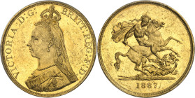 Angleterre
Victoria (1837-1901) 
5 souverains en or - 1887 Londres 
Magnifique exemplaire. 
39.94g - Spink 3864 - KM 769 - Fr. 390a 
Superbe à FD...