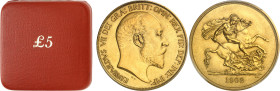 Angleterre
Edouard VII (1901-1910) 
Épreuve sur flan bruni mat du 5 souverains en or - 1902 
Rare, avec son coffret d'origine rouge. 
40.0g - KM 8...