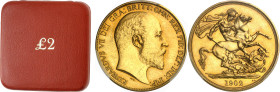 Angleterre
Edouard VII (1901-1910) 
Épreuve sur flan bruni mat du 2 souverains or - 1902 
Rare, avec son coffret d'origine rouge. 
15.97g - KM 806...