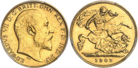 Angleterre
Edouard VII (1901-1910) 
Épreuve sur flan bruni mat du 1/2 souverain en or - 1902 Londres 
Rare. 
3.99g - KM 804 - Spink 3974a 
Flan B...