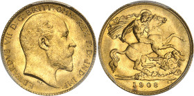 Angleterre
Edouard VII (1901-1910) 
1/2 souverain or - 1908 Londres 
Magnifique exemplaire. 
3.99g - Fr. 401 
Pratiquement FDC - PCGS MS 64