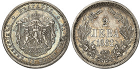 Bulgarie
Alexander Ier (1879-1886) 
2 leva en argent - 1882 Saint-Pétersbourg 
Bel exemplaire, magnifique patine. 
Rare. 
9.94g - KM 5 
Superbe ...