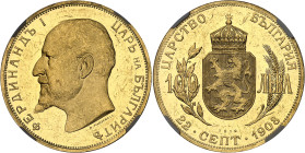 Bulgarie
Ferdinand Ier (1887-1918) 
100 leva en or - 1912 Vienne 
D'aspect flan bruni. 
Très rare dans cette qualité. 
32.25g - KM 34 - Fr. 5 
S...