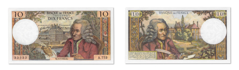 France
Banque de France 
10 Francs Voltaire 
3 Février 1972 - A.753/33333 
N...
