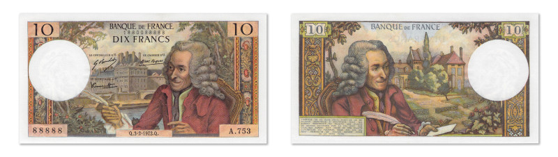 France
Banque de France 
10 Francs Voltaire 
3 Février 1972 - A.753/88888 
N...