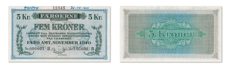 Îles Féroé
Spécimen de numérotation du 5 Kroner 
Novembre 1940 - Du N°000001/B...