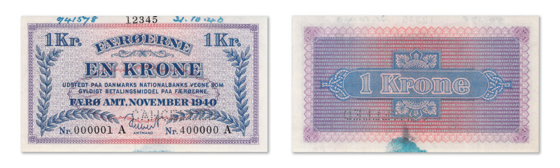 Îles Féroé
Spécimen de numérotation du 1 Kroner 
Novembre 1940 - Du N°000001/A...