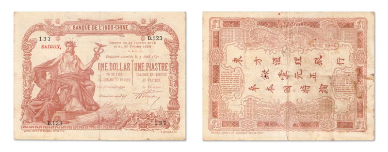 Indochine
Banque de l'Indochine 
1 Dollar 1 Piastre Saïgon 
3 Août 1891 - D.1...