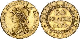 Italie - Piémont
République subalpine (1800-1802) 
20 francs en or - An 9 Turin 
Avec l'accent après le A à l'avers. 
Rare. 
Ancien et léger nett...