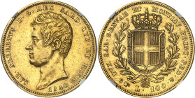 Italie - Sardaigne
Charles-Albert (1831-1849) 
100 lires en or - 1840 P Turin 
Rare millésime. 
32.25g - KM 117.2 - Fr. 1138 
Superbe - NGC AU 58...