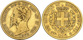 Italie - Sardaigne
Victor-Emmanuel II (1849-1861) 
10 lires en or - 1850 Turin 
Rare. 
3.16g - KM 125.2 
TB - VF