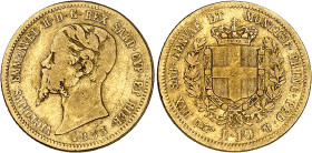Italie - Sardaigne
Victor-Emmanuel II (1849-1861) 
10 lires en or - 1853 B Turin 
Extrêmement rare. 
3.14 - KM 125.2 
TB - VF