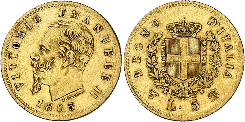 Italie
Victor-Emmanuel II (1861-1878) 
5 lires en or - 1865 Turin 
Bel exempl...