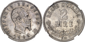 Italie
Victor-Emmanuel II (1861-1878) 
2 lires en argent - 1863 N BN Naples 
Bel exemplaire. 
Rare. 
10.0g - MIR 1083b 
Superbe - NGC AU 55