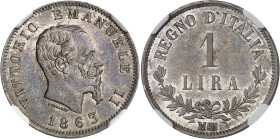 Italie
Victor-Emmanuel II (1861-1878) 
Lire en argent - 1863 M Milan 
Bel exemplaire. 
Rare. 
5.0g - MIR 1086a 
Superbe à FDC - NGC MS 61