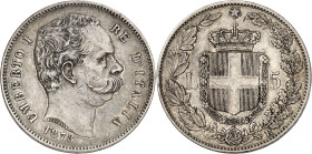 Italie
Umberto Ier (1878-1900) 
5 lires en argent - 1878 Rome 
24.85g - KM 20 
Superbe - AU