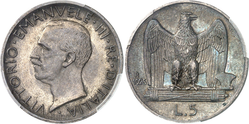 Italie
Victor-Emmanuel III (1900-1946) 
5 lires en argent - 1926 R Rome 
Magn...